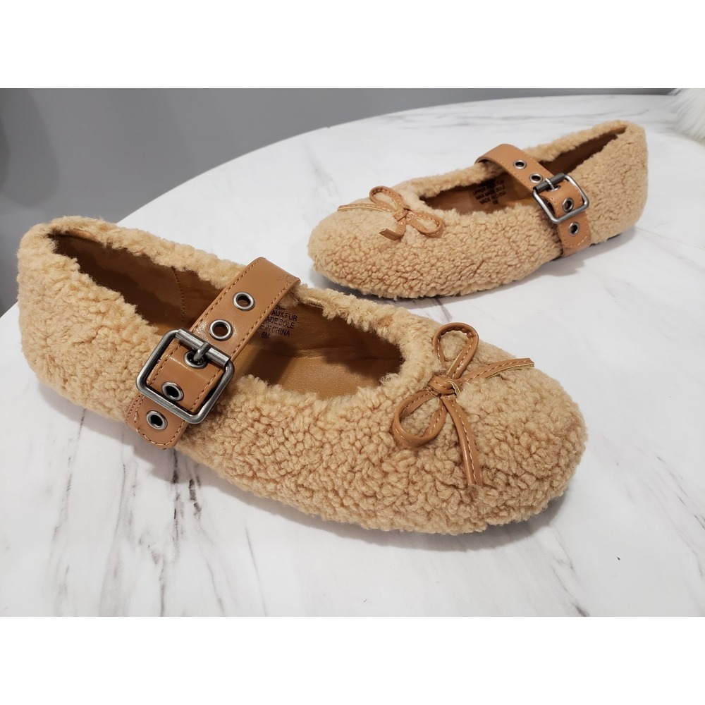 NEW NO BOX SZ 6 CURRENT MOOD teddy bear fux fur sherpa buckle flats lolita cute